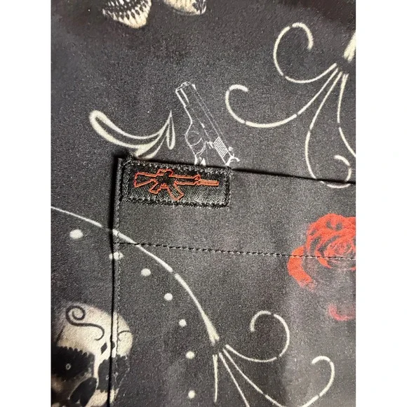 Retro Rifle Skull Rose Graphic Short Sleeve Button Up Shirt 2XL-974 - Picture 3 of 8